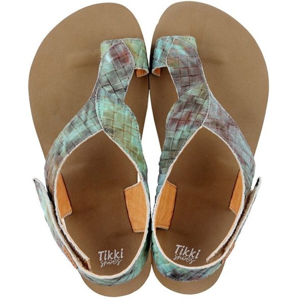 Tikki Soul leather velcro sandals green pattern barefoot lightweight