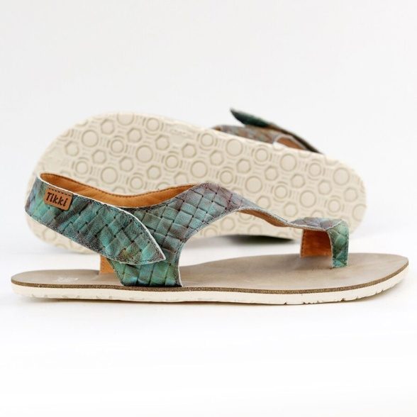 Tikki Soul leather velcro sandals green pattern barefoot lightweight