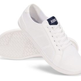 Xero Shoes Dillon white blue logo vegan textile sneakers lightweight barefoot