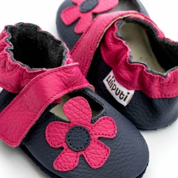 Liliputi sandals fuchsia flower dark grey velcro first steps beginner leather barefoot shoes