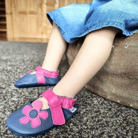 Liliputi sandals fuchsia flower dark grey velcro first steps beginner leather barefoot shoes