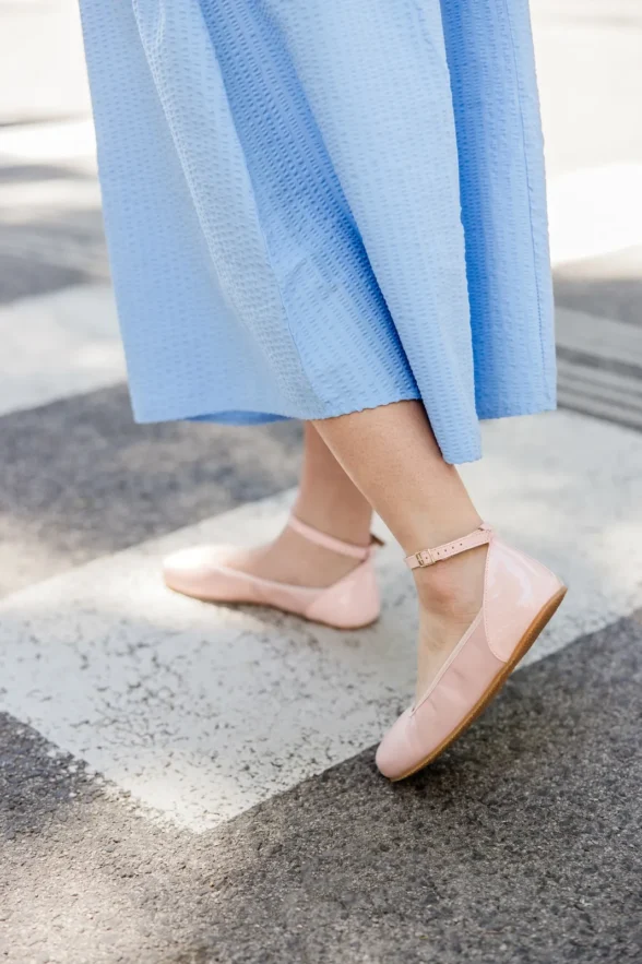 Shapen Tulip ballerinas in pink leather with ankle strap barefoot shoes