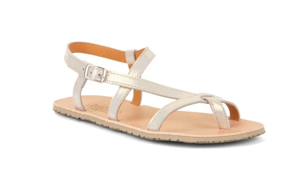 froddo barefoot golden coloured sandals with ankle strap and rubber outsole