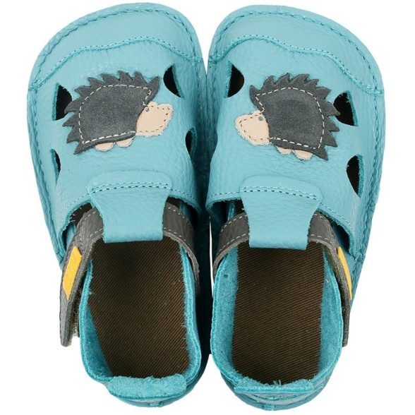 Tikki Nido Felix fun light blue barefoot sandals for children with a cute hedgehog motif are made of high-quality leather.