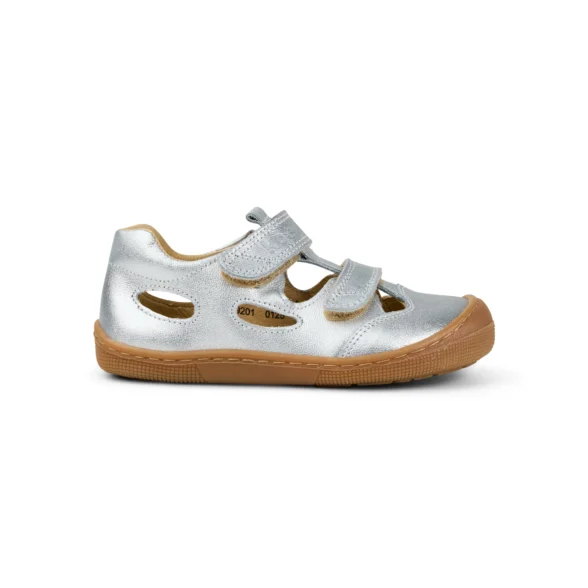 Koel Deen Metallic Silver silver leather barefoot sandals for kids with closed toe and velcro straps