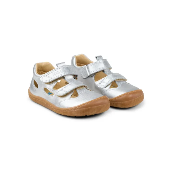 Koel Deen Metallic Silver silver leather barefoot sandals for kids with closed toe and velcro straps