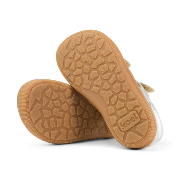 Koel Deen Metallic Silver silver leather barefoot sandals for kids with closed toe and velcro straps