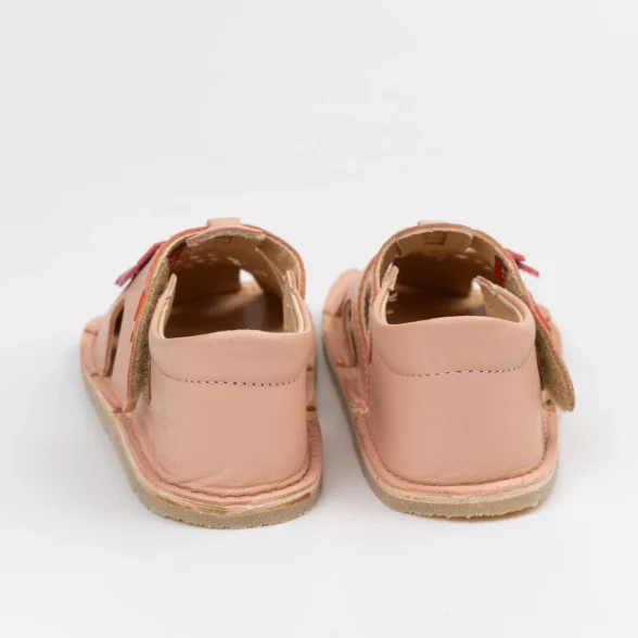 Lang.S Aranya Cipria light pink leather barefoot sandals for kids with floral motif, perfect for summer or as indoor shoes.