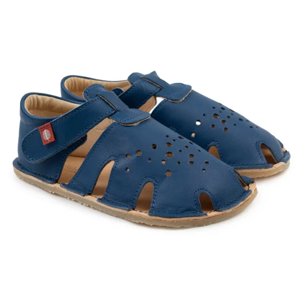 Lang.S Aranya Notte blue leather barefoot sandals for kids, suitable both as indoor shoes and summer footwear.
