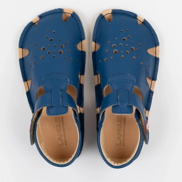 Lang.S Aranya Notte blue leather barefoot sandals for kids, suitable both as indoor shoes and summer footwear.