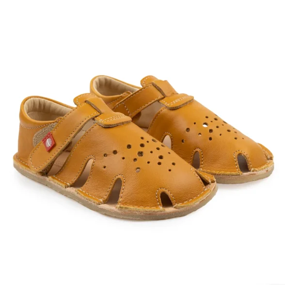 Lang.S Aranya Ocre mustard yellow unisex barefoot kids’ sandals made from high-quality leather