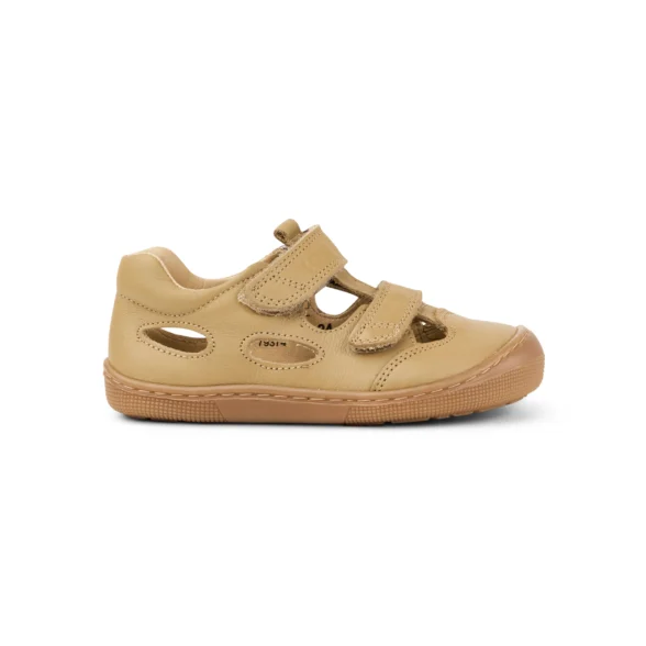 Koel Deen Taupe are high-quality leather barefoot sandals for kids with velcro closures.