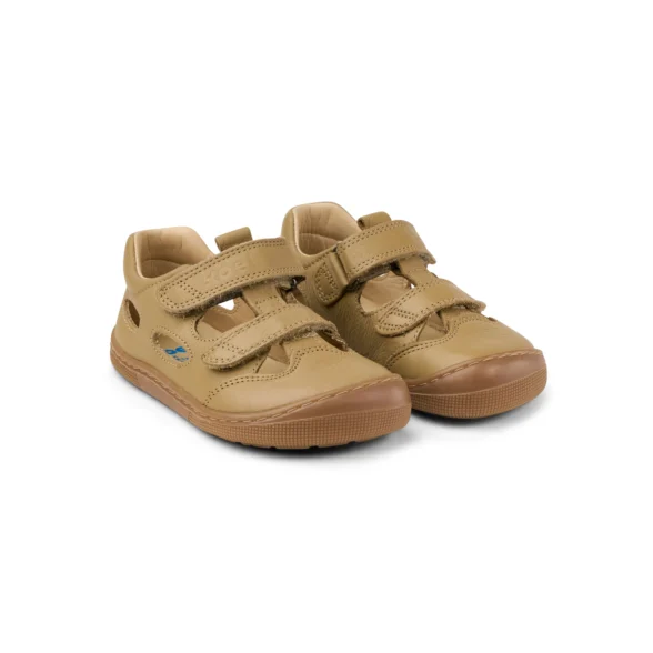 Koel Deen Taupe are high-quality leather barefoot sandals for kids with velcro closures.