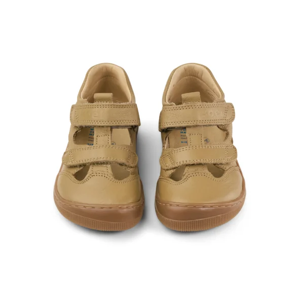 Koel Deen Taupe are high-quality leather barefoot sandals for kids with velcro closures.