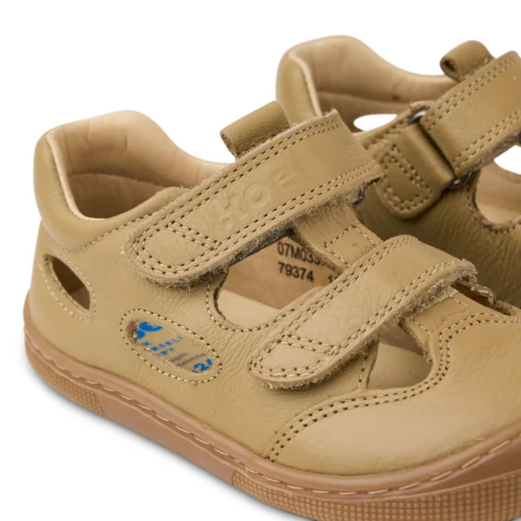 Koel Deen Taupe are high-quality leather barefoot sandals for kids with velcro closures.