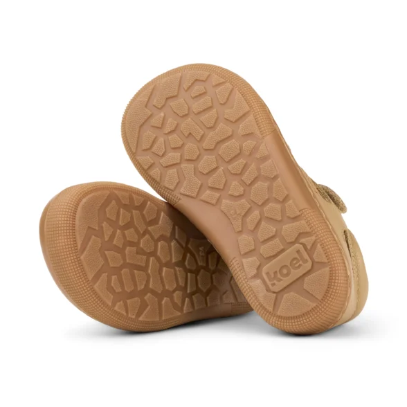 Koel Deen Taupe are high-quality leather barefoot sandals for kids with velcro closures.