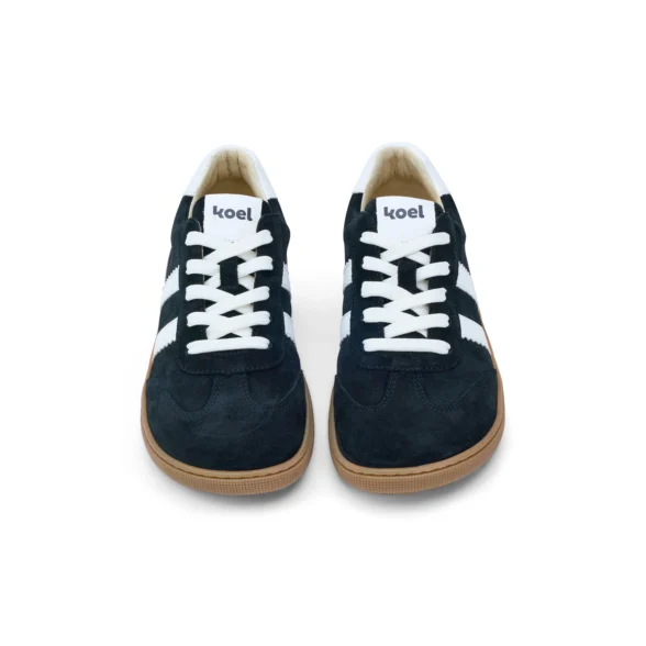 Koel Francie Suede Black retro-style barefoot sneakers in black suede with white stripes