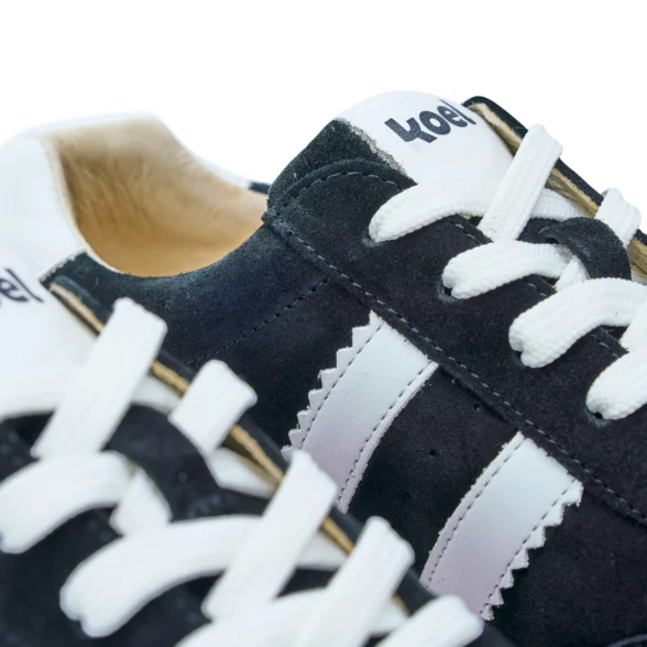 Koel Francie Suede Black retro-style barefoot sneakers in black suede with white stripes