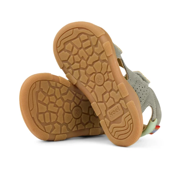Koel Ova Grey high-quality leather barefoot sandals for kids, suitable as indoor shoes for kindergarten or outdoor shoes in warm weather
