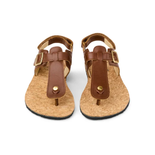 Koel Ariana Napa Cognac brown barefoot toe-post sandals for women, made from high-quality leather with velcro closure