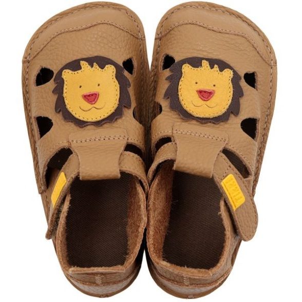 Tikki Nido Leo leather barefoot sandals for kids with velcro strap and lion motif