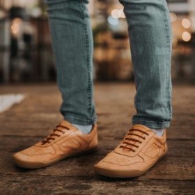 Crave London Cognac stylish barefoot sneakers for women and men, made from high-quality brown leather