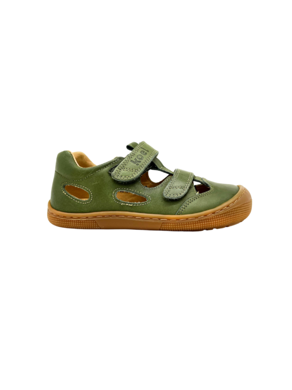 Koel Deen Napa Olive Kids leather barefoot sandals with velcro