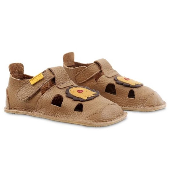 Tikki Nido Leo leather barefoot sandals for kids with velcro strap and lion motif