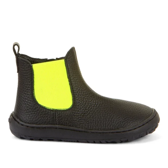 Froddo barefoot Chelys black/yellow üleni nahast musta värvi ja kollase kummiga barefoot saapad lukuga noortele ja lastele