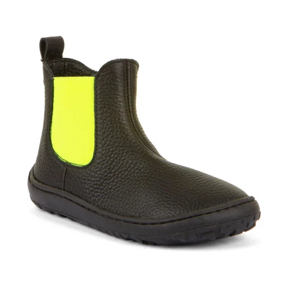 Froddo barefoot Chelys black/yellow üleni nahast musta värvi ja kollase kummiga barefoot saapad lukuga noortele ja lastele