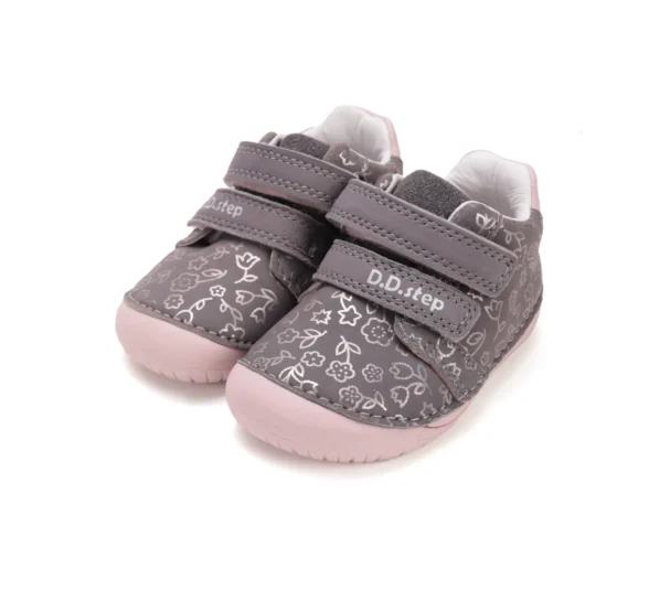d.d.step Dark Grey Metallic Flowers sädelevate roosade lillede ja roosade taldadega barefoot saapad lastele