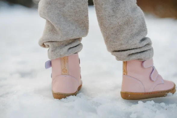 Minimus Robin 2 Pink roosat värvi nahast krõpsudega barefoot saapad tüdrukutele soojad talvesaapad kummist tald